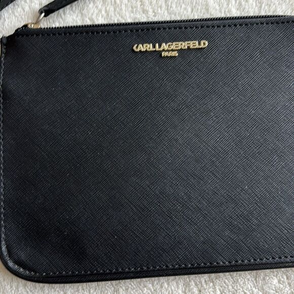 Karl Lagerfeld Paris Textured Black Faux Leather Wristlet Gold Tone‎ Logo - Picture 3 of 8